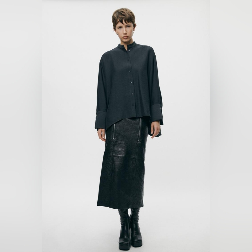 Zara Black Button-Down Mandarin Collar Shirt